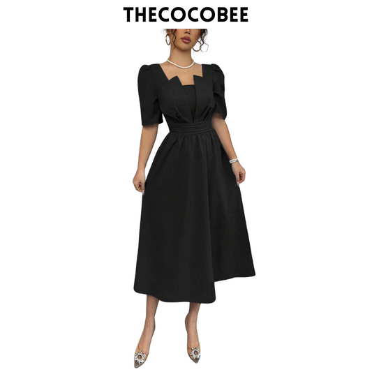 #113 Black Minimalist Waist Cinched Mid-Length Dress