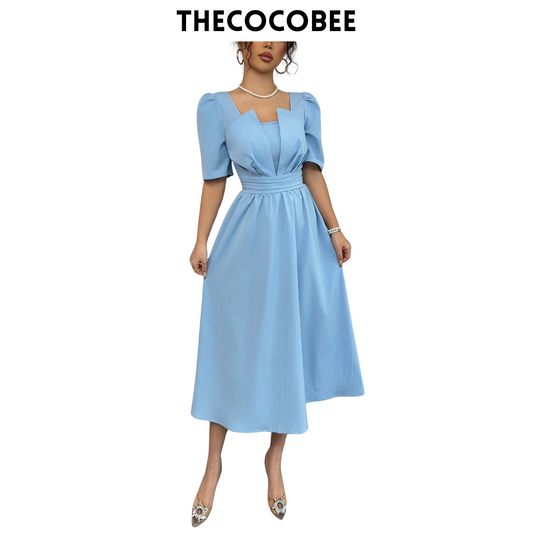 #113 Blue Minimalist Waist Cinching Mid-Length Dress