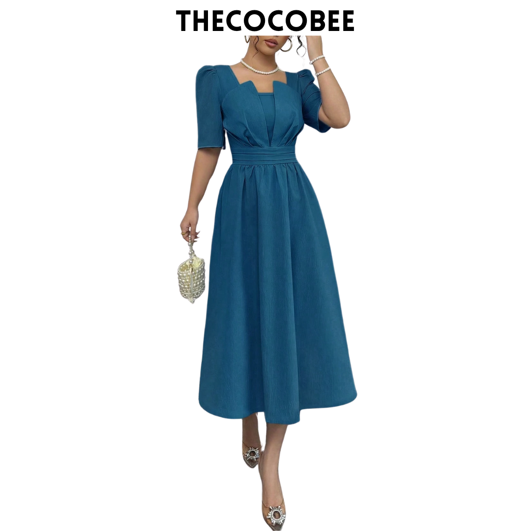 #113 Lake Blue Minimalist Cinch Waist Mid-Length Dress