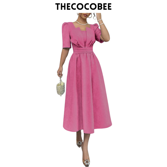 #113 Pink Minimalist Waist-Cinched Mid-Calf Length Dress, Slimming