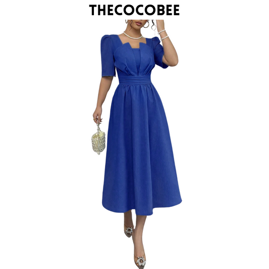 #113 Royal Blue Minimalist Waist-Cinched Mid-Length Dress