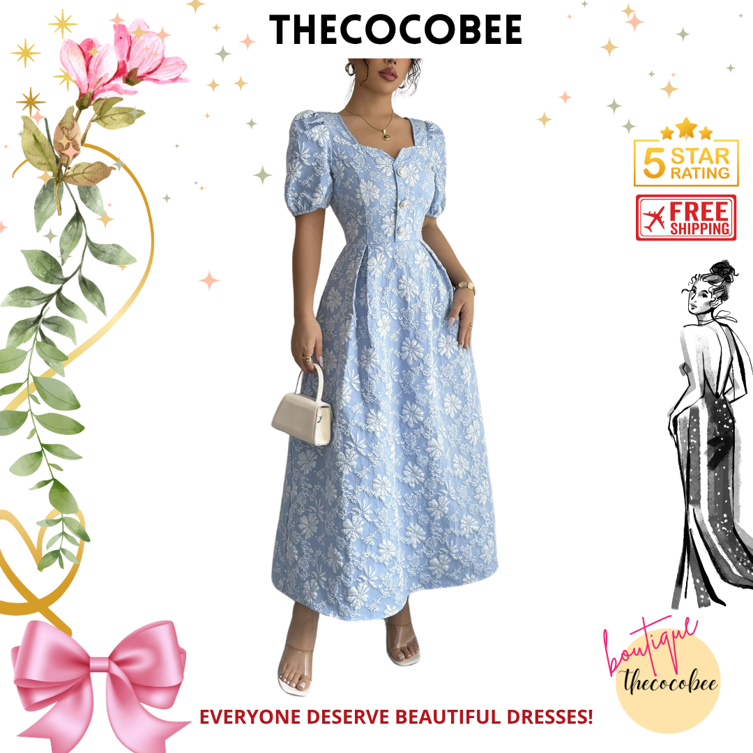 #114 Blue Spring/Summer Square Neck Elegant Floral Geometric Jacquard Waisted A-Line Long Dress With Metal Button Decoration