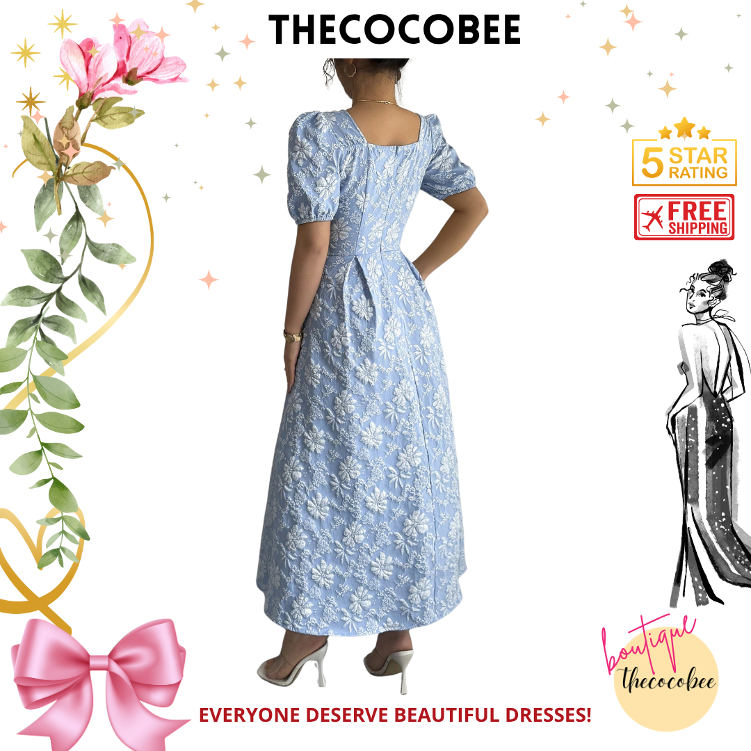 #114 Blue Spring/Summer Square Neck Elegant Floral Geometric Jacquard Waisted A-Line Long Dress With Metal Button Decoration
