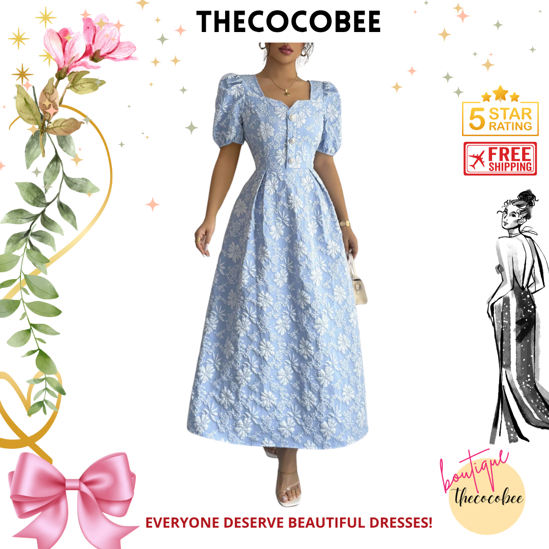 #114 Blue Spring/Summer Square Neck Elegant Floral Geometric Jacquard Waisted A-Line Long Dress With Metal Button Decoration