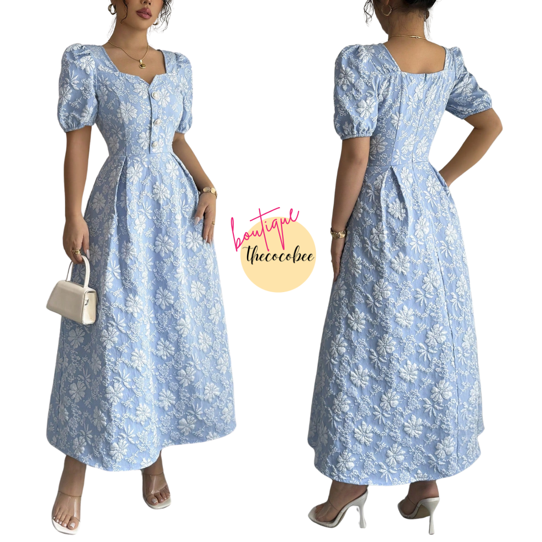 #114 Blue Spring/Summer Square Neck Elegant Floral Geometric Jacquard Waisted A-Line Long Dress With Metal Button Decoration