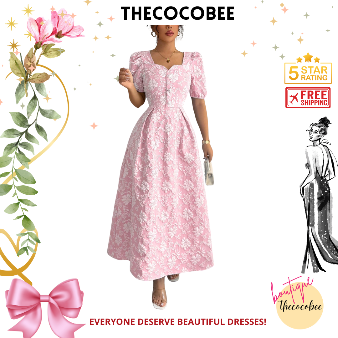 #114 Pink Elegant Floral & Geometric Jacquard Square Neck Fitted Flared Maxi Dress With Metal Button Decor, Spring/Summer
