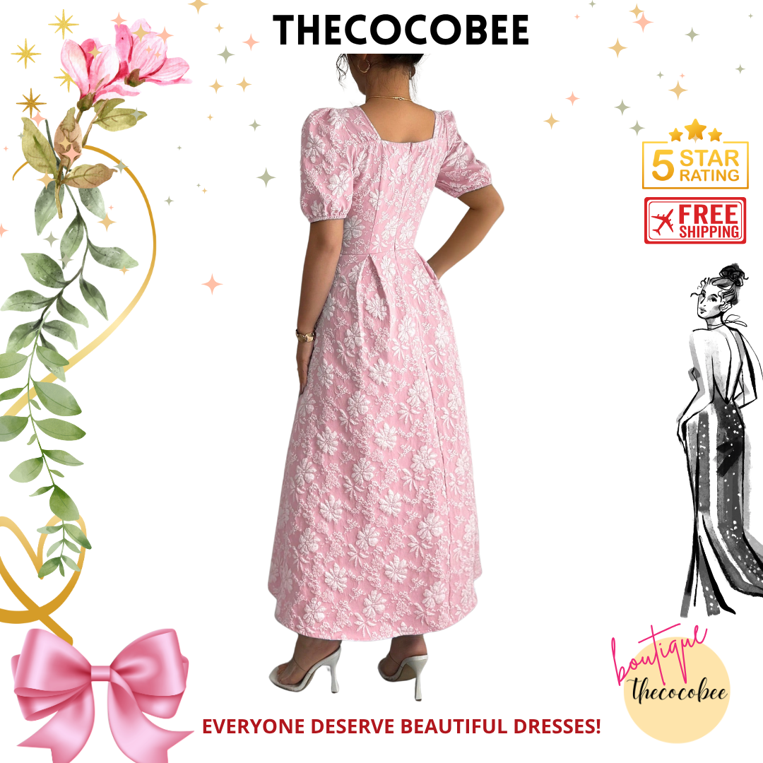 #114 Pink Elegant Floral & Geometric Jacquard Square Neck Fitted Flared Maxi Dress With Metal Button Decor, Spring/Summer