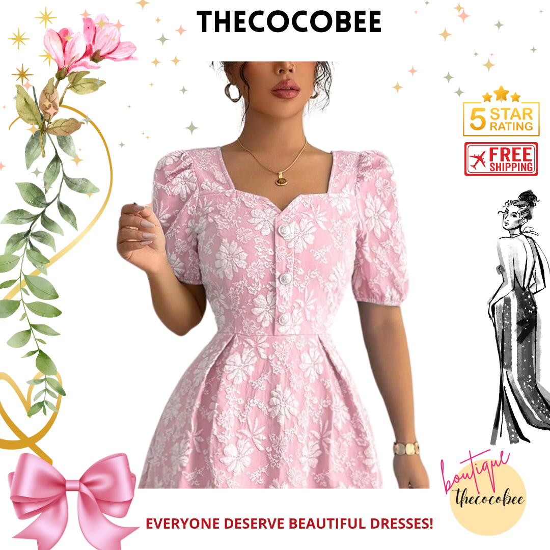 #114 Pink Elegant Floral & Geometric Jacquard Square Neck Fitted Flared Maxi Dress With Metal Button Decor, Spring/Summer