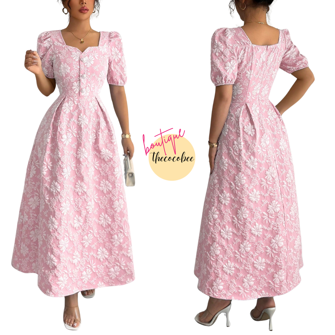 #114 Pink Elegant Floral & Geometric Jacquard Square Neck Fitted Flared Maxi Dress With Metal Button Decor, Spring/Summer