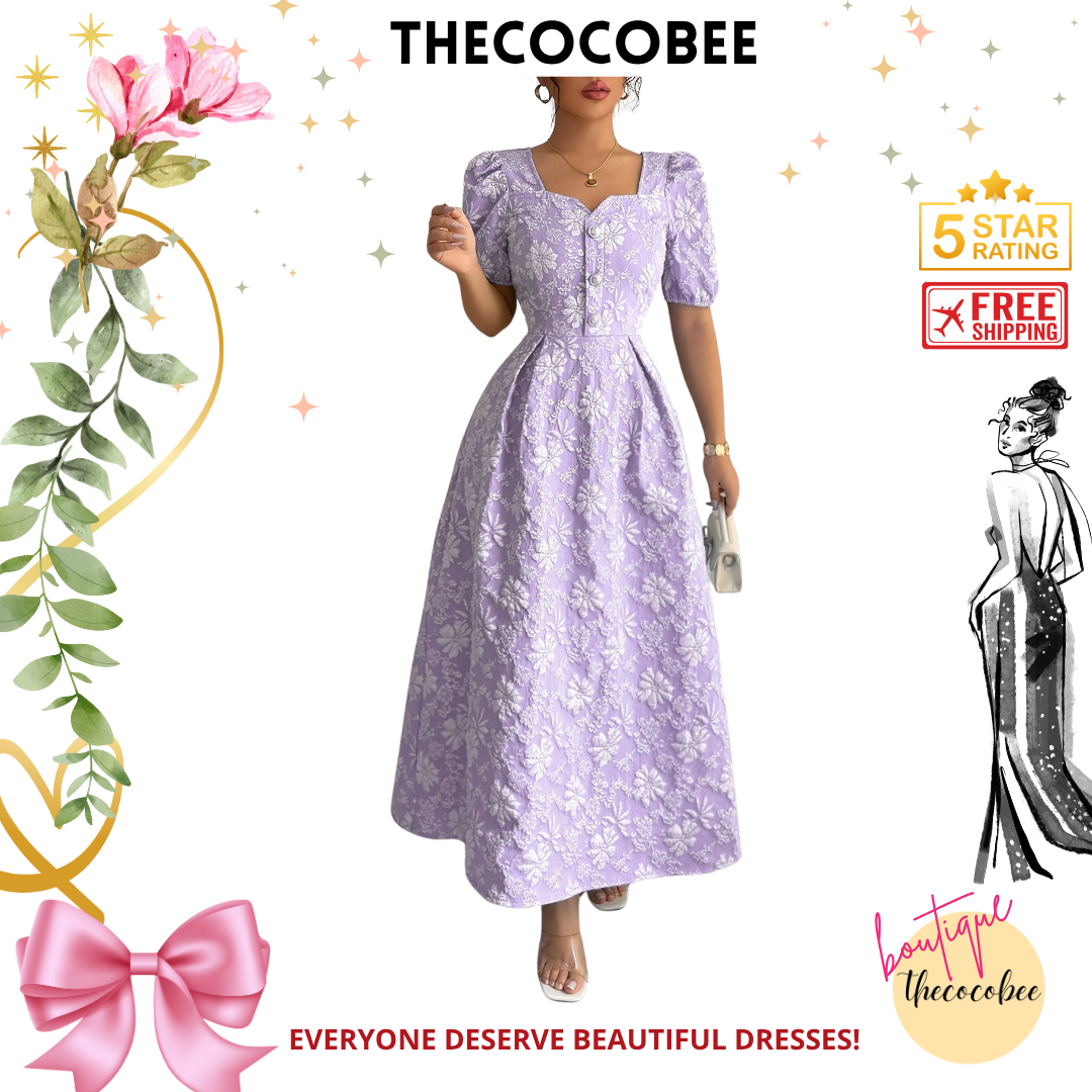 #114 Purple Spring/Summer Square Neck Elegant Floral & Geometric Jacquard Fit And Flare Dress With Metal Button Decor