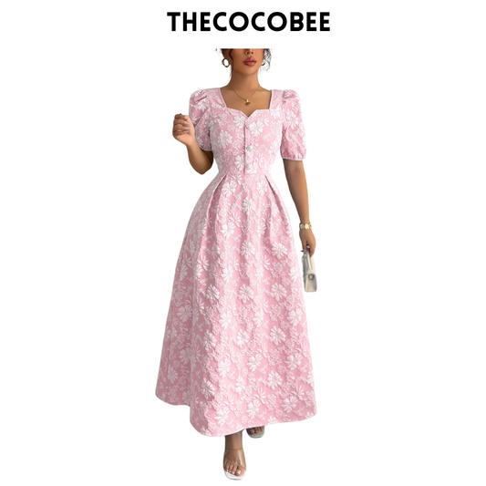 #114 Pink Elegant Floral & Geometric Jacquard Square Neck Fitted Flared Maxi Dress With Metal Button Decor, Spring/Summer