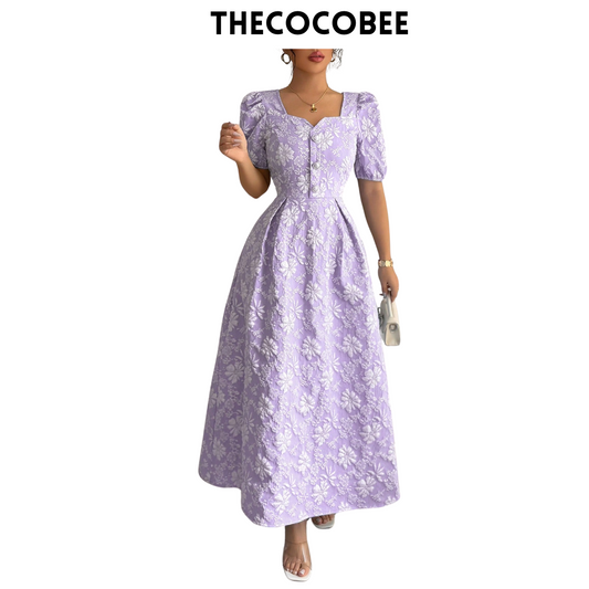 #114 Purple Spring/Summer Square Neck Elegant Floral & Geometric Jacquard Fit And Flare Dress With Metal Button Decor