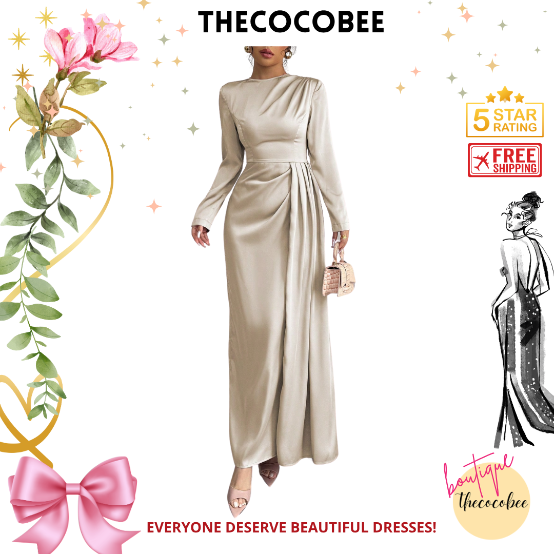 #115 Satin Ruched Elegant Maxi Dress in Beige