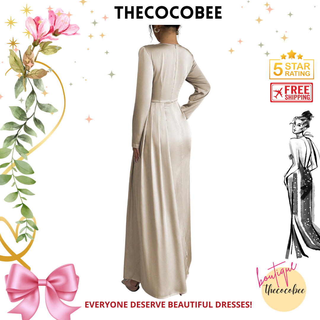 #115 Satin Ruched Elegant Maxi Dress in Beige