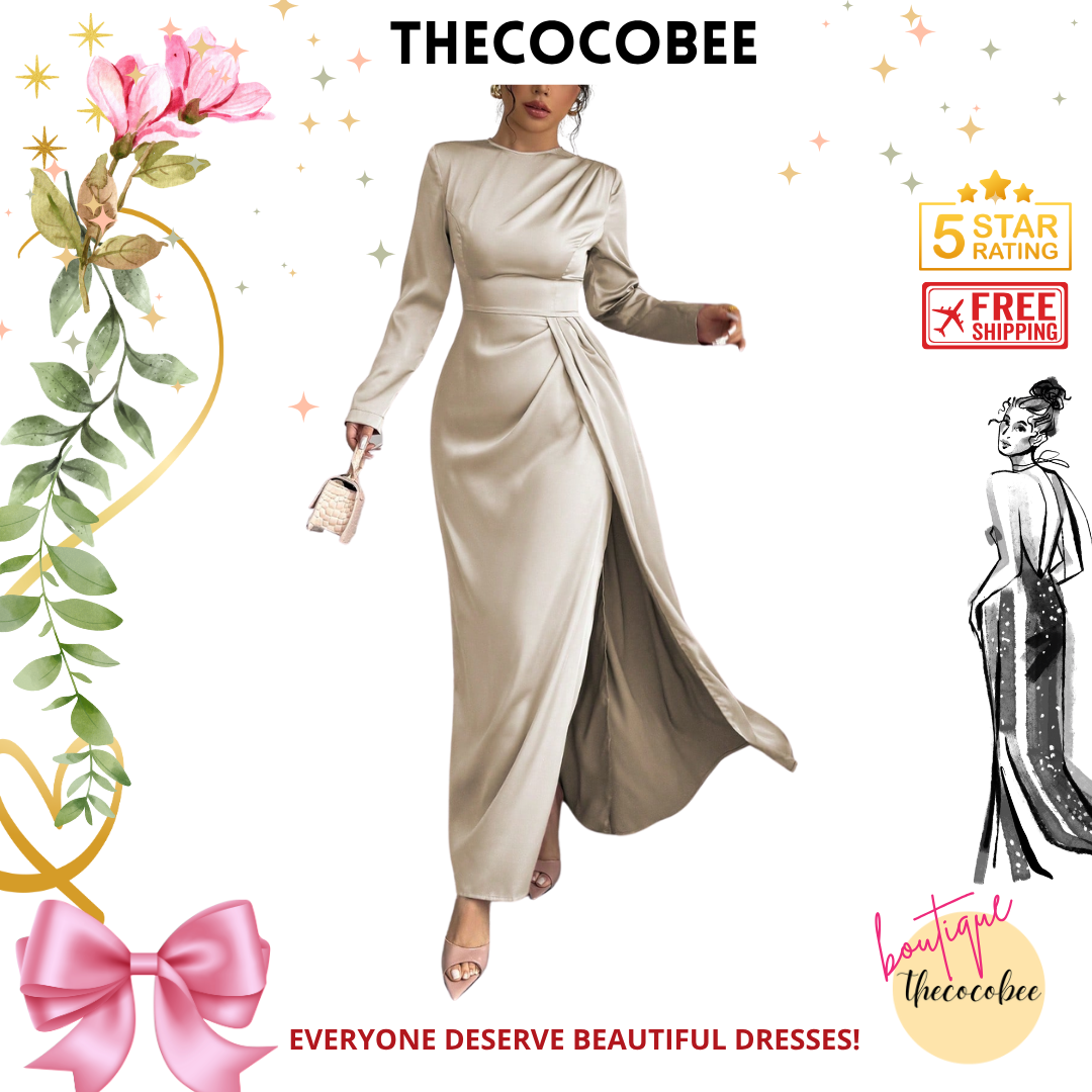#115 Satin Ruched Elegant Maxi Dress in Beige