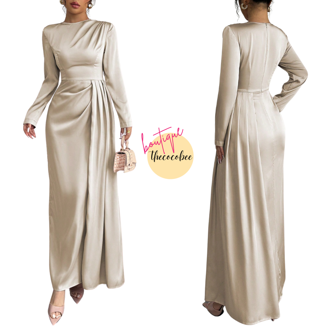 #115 Satin Ruched Elegant Maxi Dress in Beige