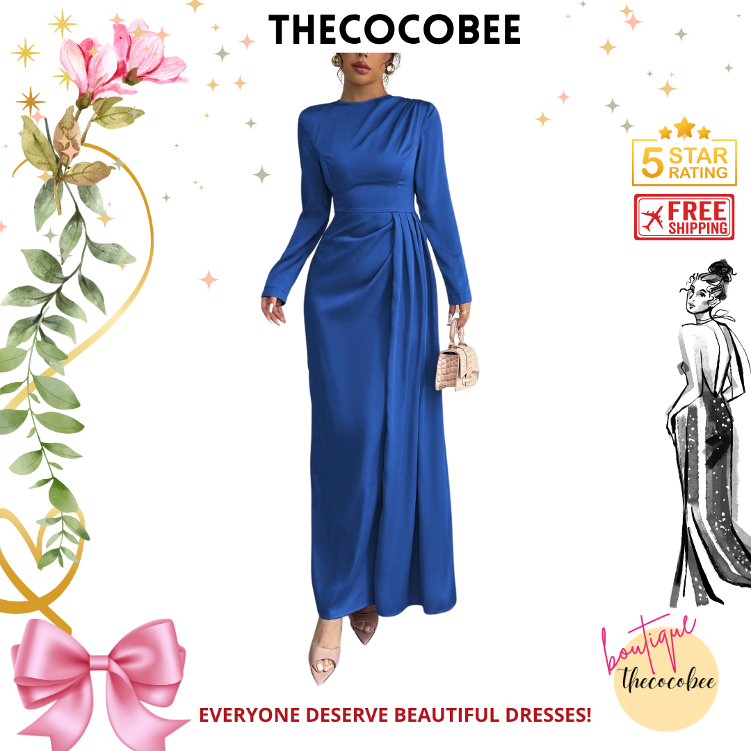 #115 Blue Solid Satin Ruched Shoulder Party Elegant Long Sleeve Dress With Side Slit Maxi Women Outfit