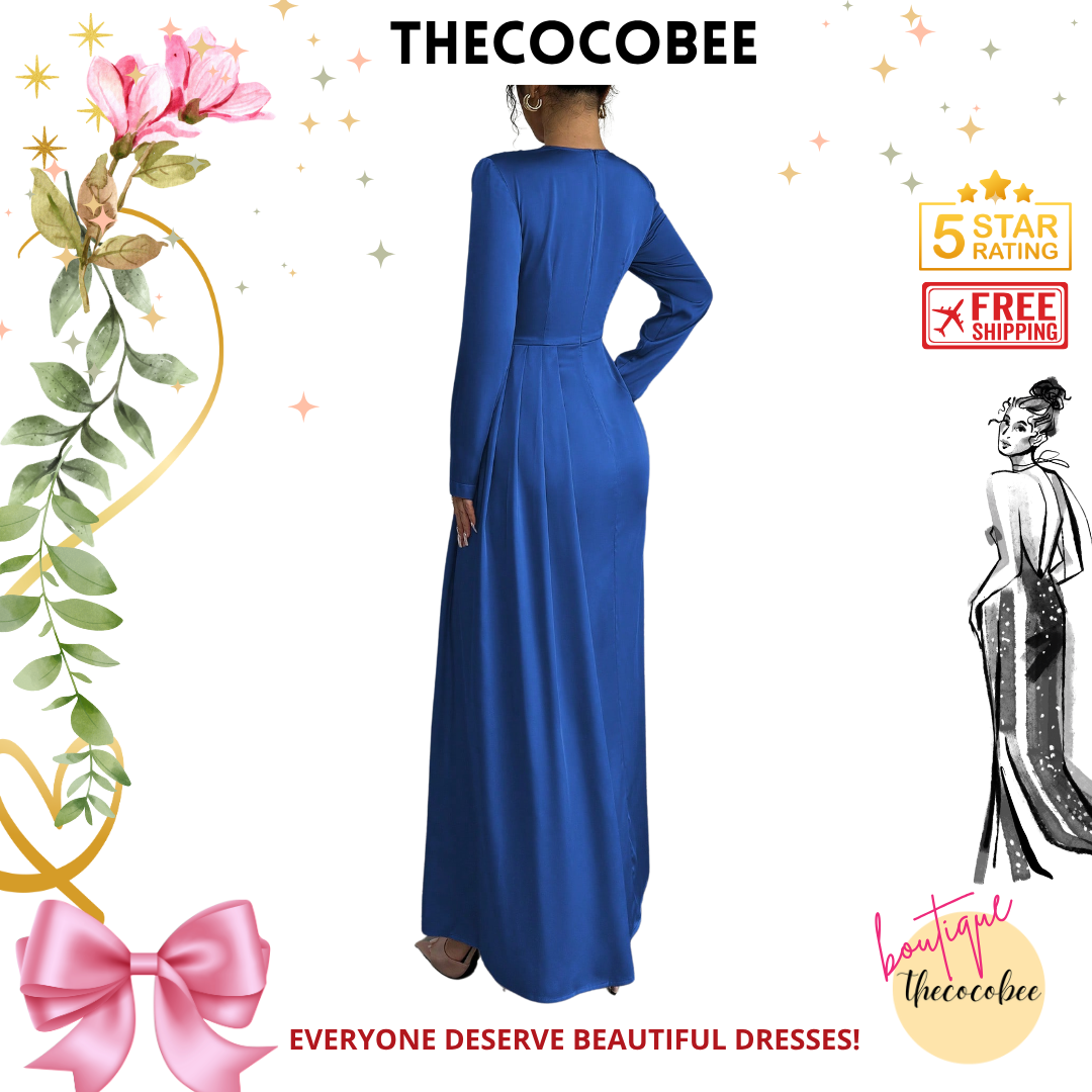 #115 Blue Solid Satin Ruched Shoulder Party Elegant Long Sleeve Dress With Side Slit Maxi Women Outfit