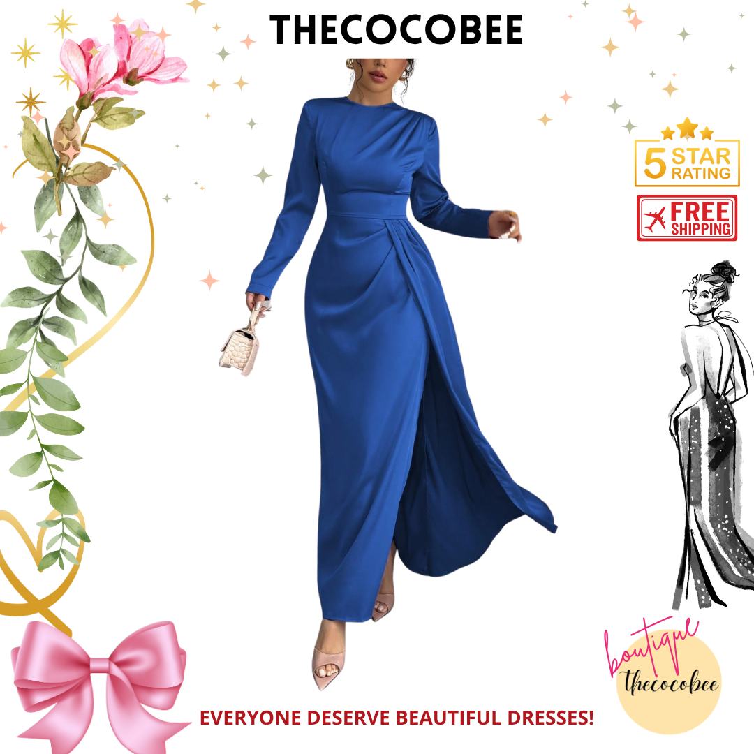 #115 Blue Solid Satin Ruched Shoulder Party Elegant Long Sleeve Dress With Side Slit Maxi Women Outfit