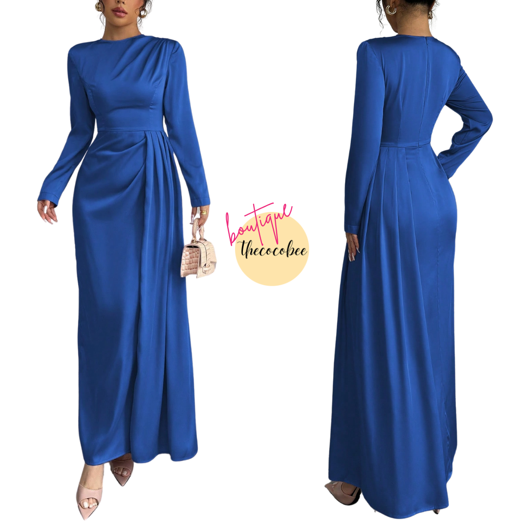 #115 Blue Solid Satin Ruched Shoulder Party Elegant Long Sleeve Dress With Side Slit Maxi Women Outfit