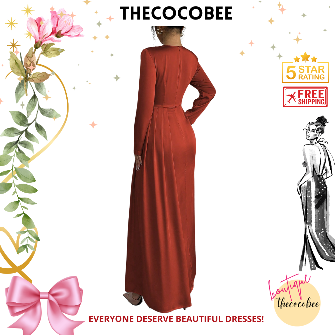#115 Burnt Orange Solid Satin Ruched Shoulder Party Elegant Long Sleeve Dress With Side Slit Maxi Women Outfit