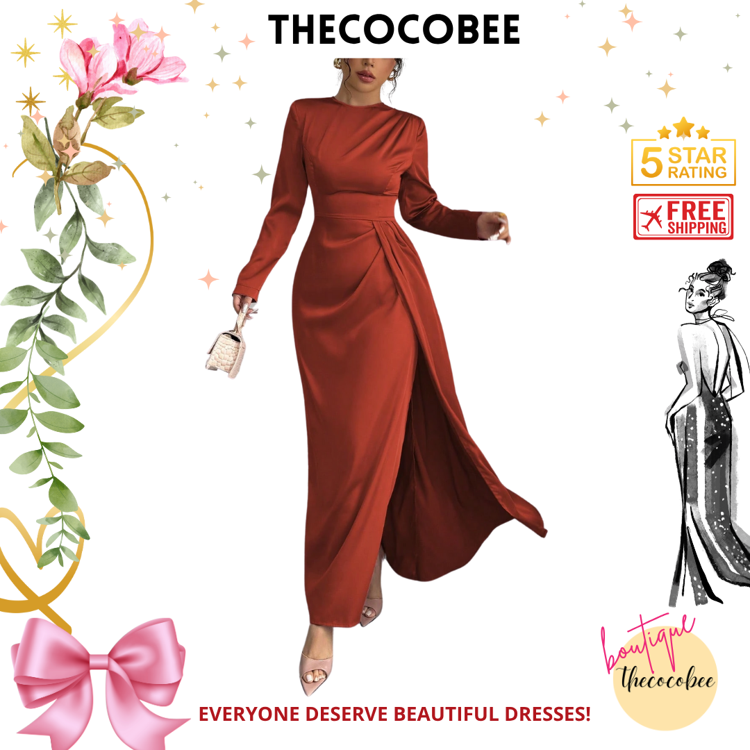 #115 Burnt Orange Solid Satin Ruched Shoulder Party Elegant Long Sleeve Dress With Side Slit Maxi Women Outfit