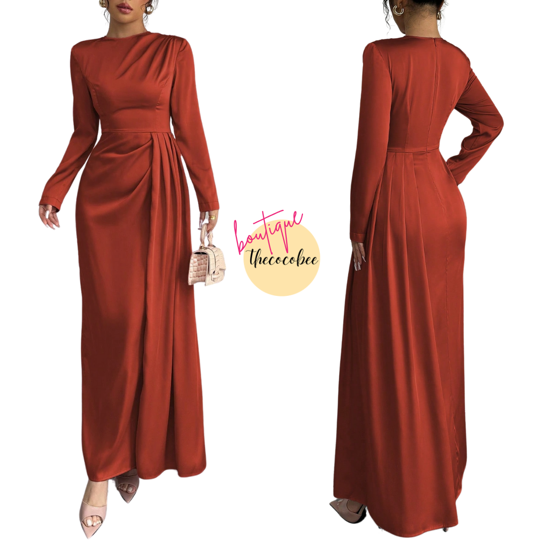 #115 Burnt Orange Solid Satin Ruched Shoulder Party Elegant Long Sleeve Dress With Side Slit Maxi Women Outfit
