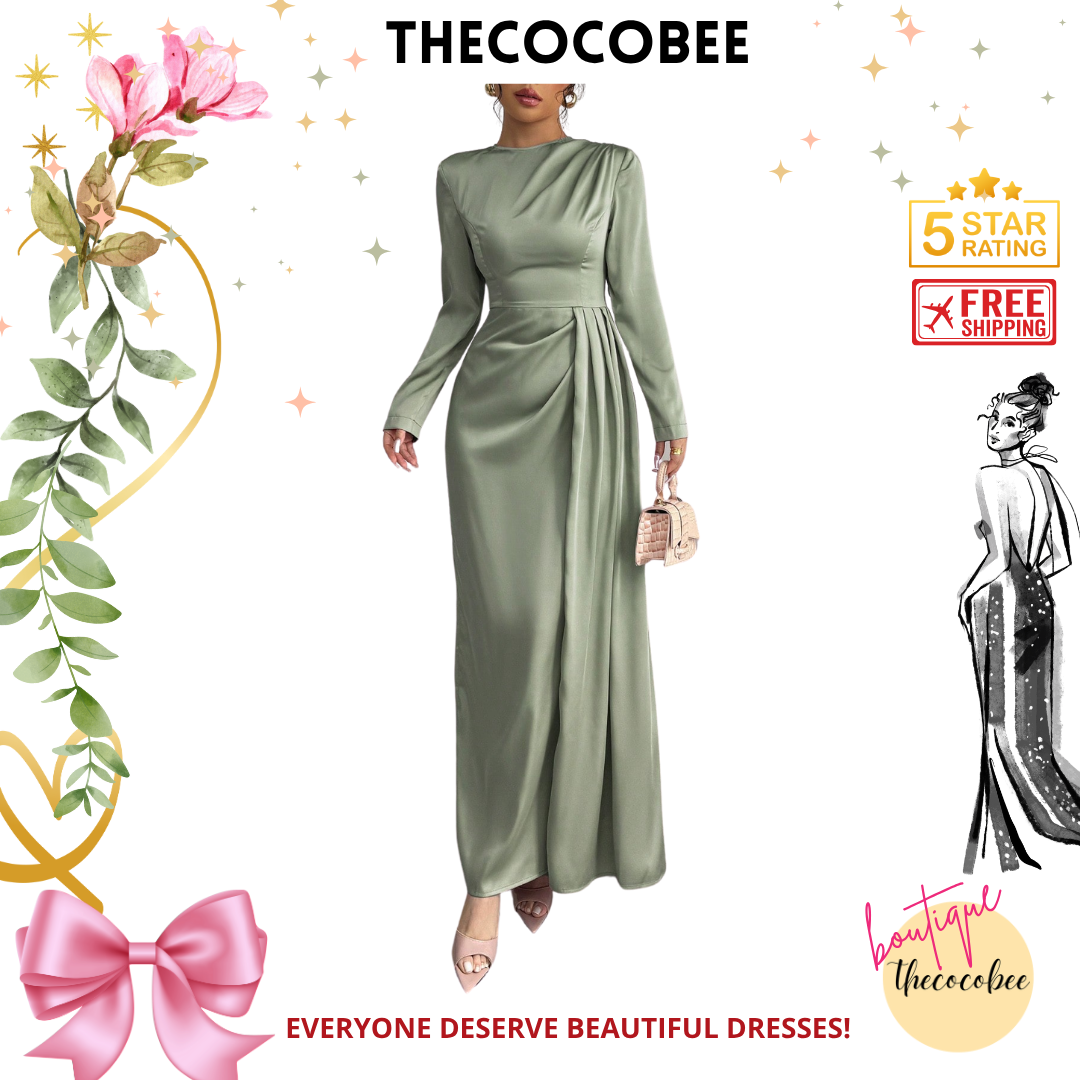 #115 Green Solid Satin Ruched Shoulder Party Elegant Long Sleeve Dress With Side Slit Maxi Women Outfit