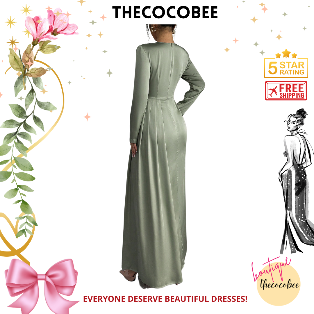#115 Green Solid Satin Ruched Shoulder Party Elegant Long Sleeve Dress With Side Slit Maxi Women Outfit