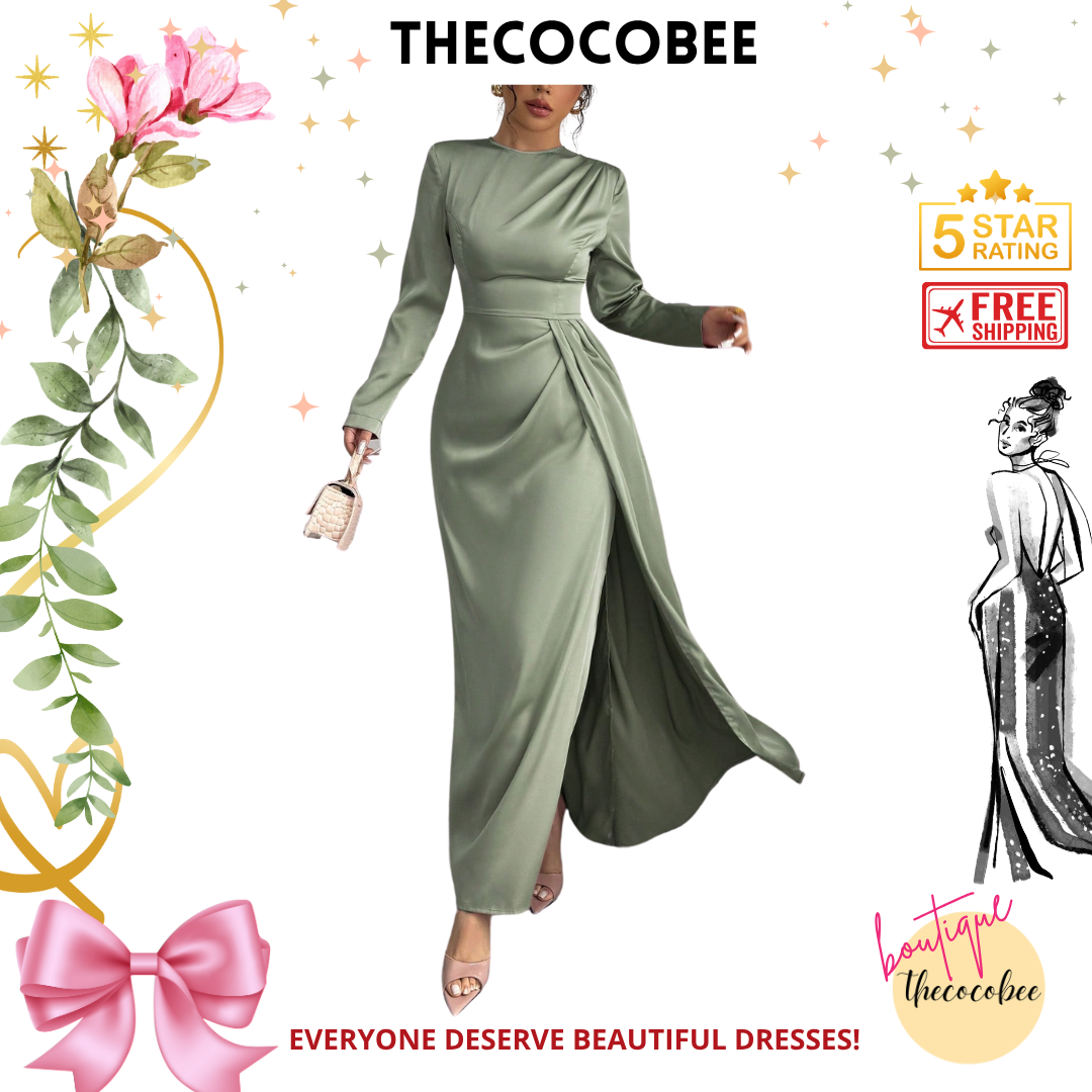 #115 Green Solid Satin Ruched Shoulder Party Elegant Long Sleeve Dress With Side Slit Maxi Women Outfit