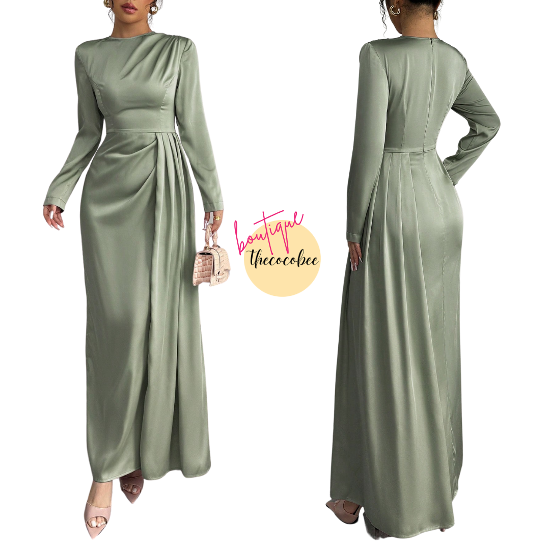 #115 Green Solid Satin Ruched Shoulder Party Elegant Long Sleeve Dress With Side Slit Maxi Women Outfit