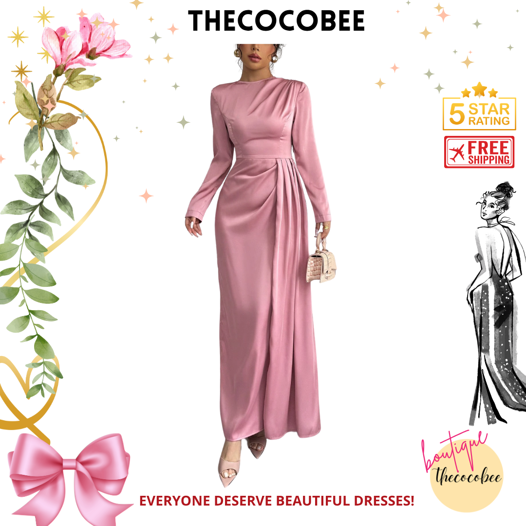 #115 Pink Solid Satin Ruched Shoulder Party Elegant Long Sleeve Dress With Side Slit Maxi Women Outfit