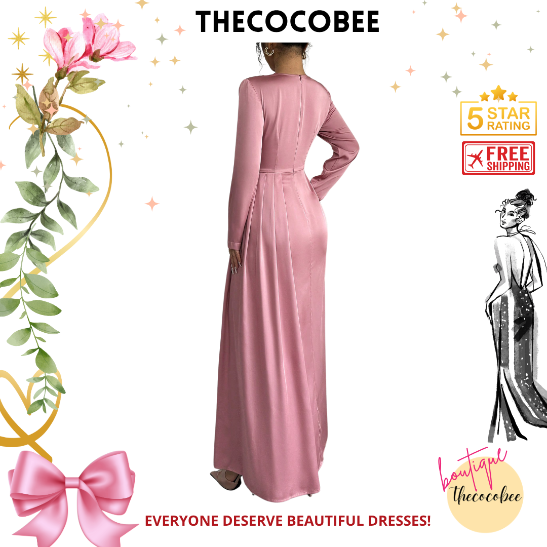 #115 Pink Solid Satin Ruched Shoulder Party Elegant Long Sleeve Dress With Side Slit Maxi Women Outfit