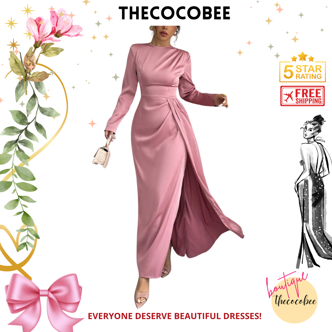 #115 Pink Solid Satin Ruched Shoulder Party Elegant Long Sleeve Dress With Side Slit Maxi Women Outfit