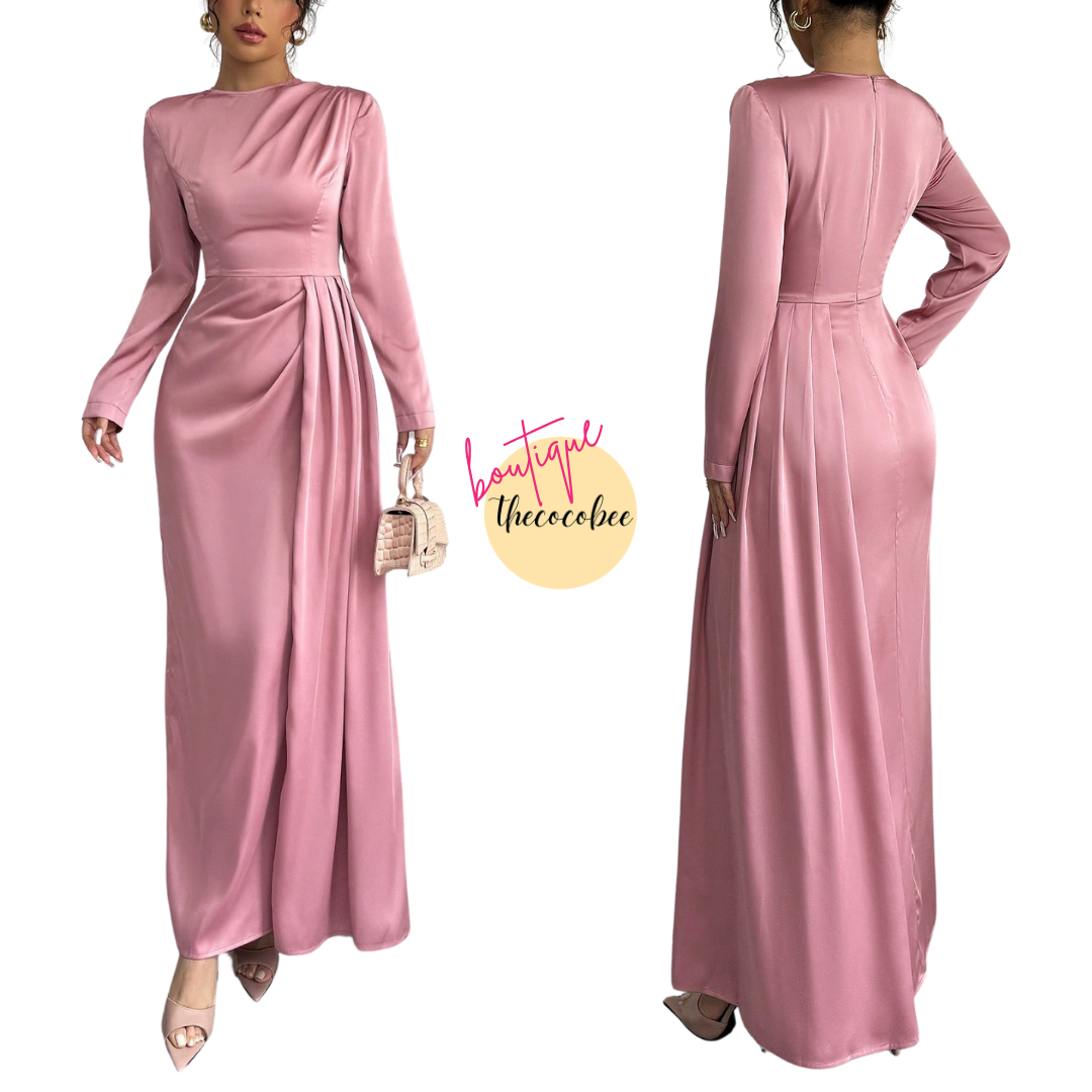 #115 Pink Solid Satin Ruched Shoulder Party Elegant Long Sleeve Dress With Side Slit Maxi Women Outfit