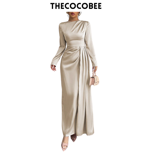 #115 Satin Ruched Elegant Maxi Dress in Beige