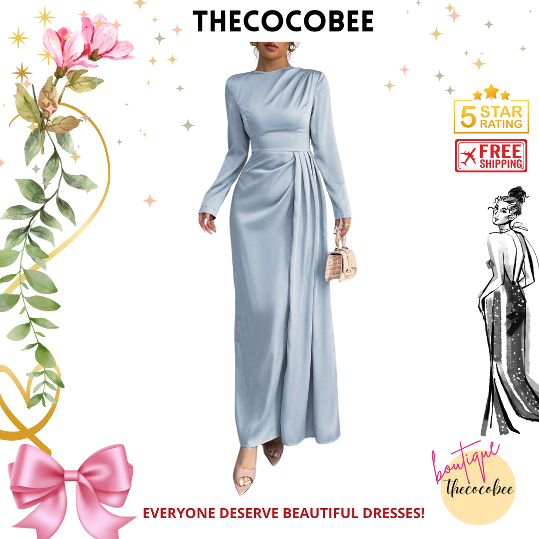 #115 Satin Ruched Elegant Maxi Dress in baby blue
