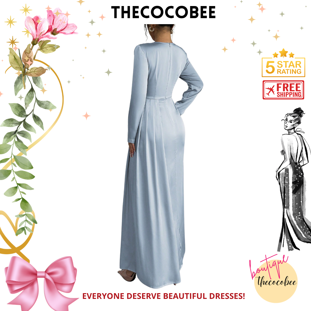 #115 Satin Ruched Elegant Maxi Dress in baby blue