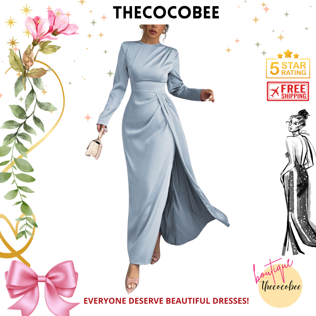#115 Satin Ruched Elegant Maxi Dress in baby blue