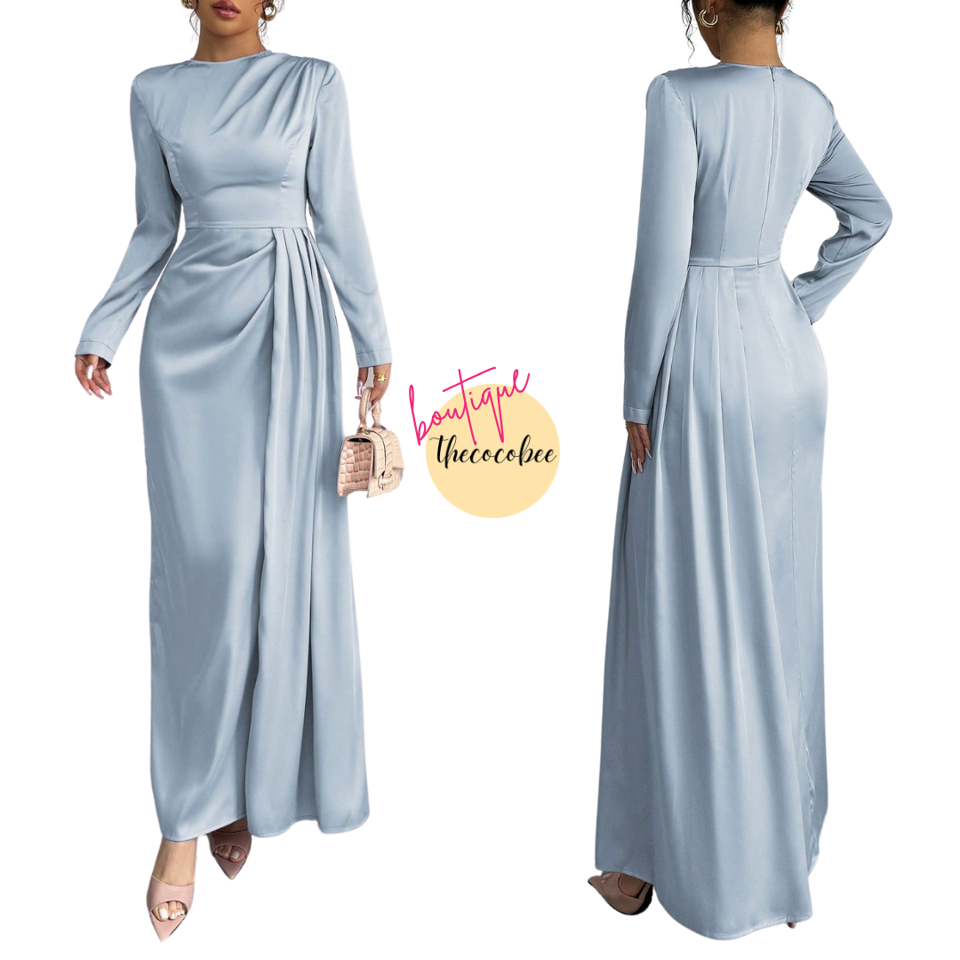 #115 Satin Ruched Elegant Maxi Dress in baby blue