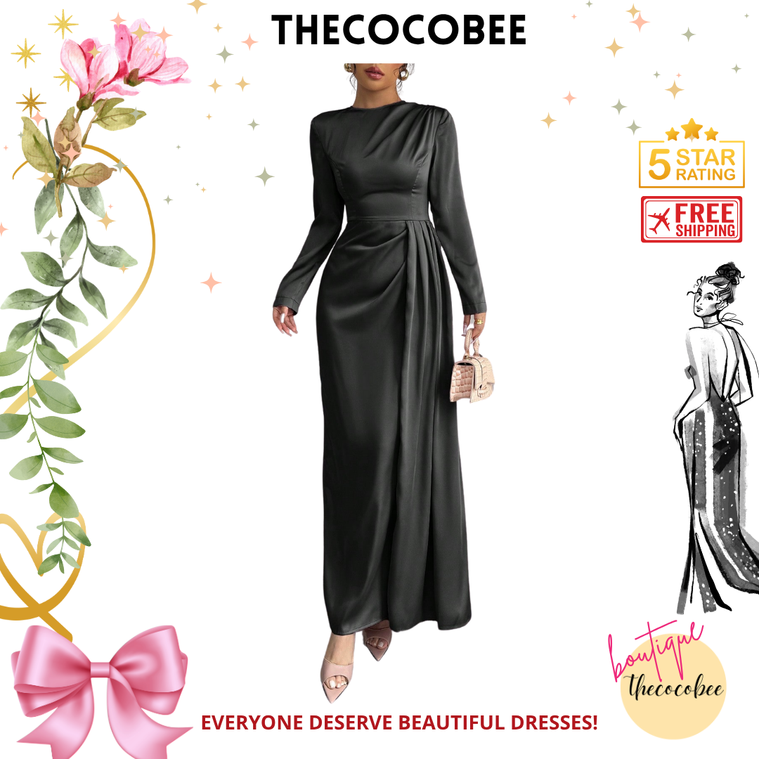 #115 Satin Ruched Elegant Maxi Dress in black