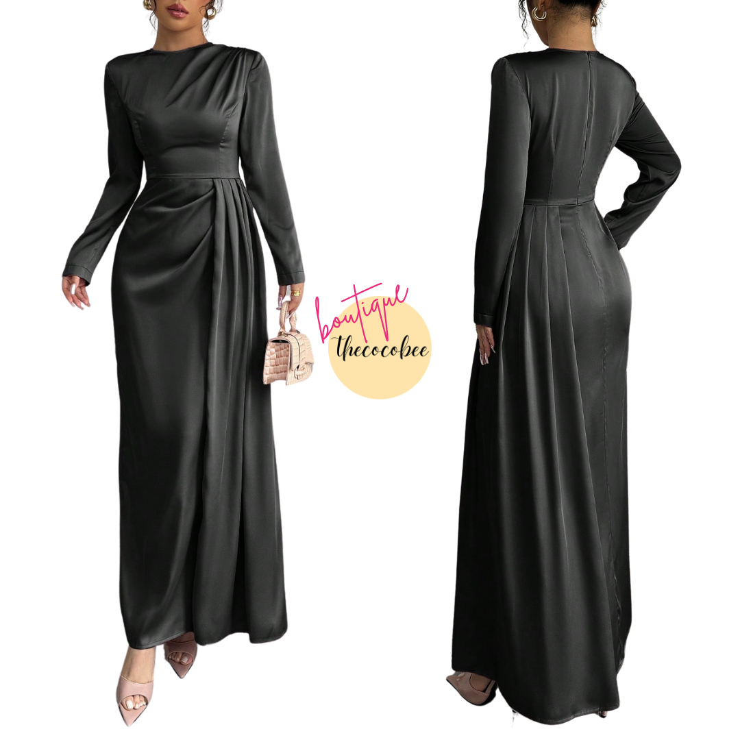 #115 Satin Ruched Elegant Maxi Dress in black