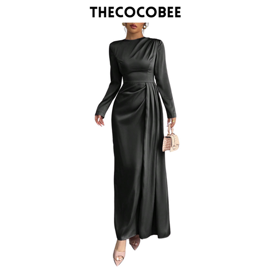 #115 Satin Ruched Elegant Maxi Dress in black