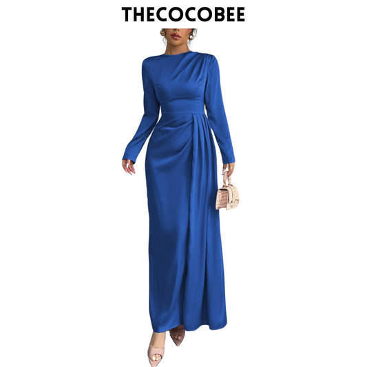 #115 Blue Solid Satin Ruched Shoulder Party Elegant Long Sleeve Dress With Side Slit Maxi Women Outfit
