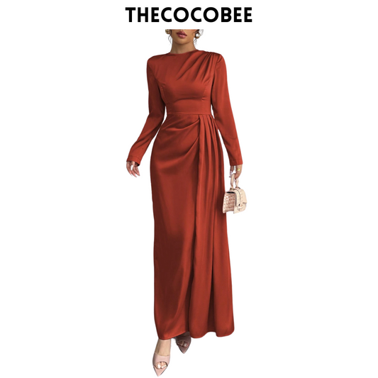#115 Burnt Orange Solid Satin Ruched Shoulder Party Elegant Long Sleeve Dress With Side Slit Maxi Women Outfit