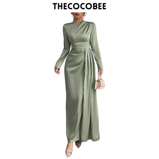 #115 Green Solid Satin Ruched Shoulder Party Elegant Long Sleeve Dress With Side Slit Maxi Women Outfit