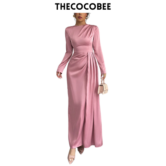 #115 Pink Solid Satin Ruched Shoulder Party Elegant Long Sleeve Dress With Side Slit Maxi Women Outfit