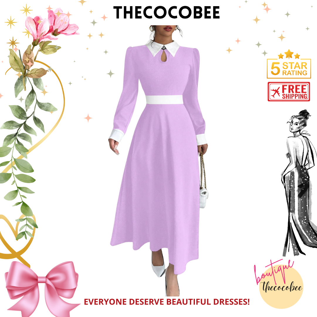 #116 Lilac Purple Contrast Color Trim Hollow Out Elegant Women Office Wear Long Sleeve Dress