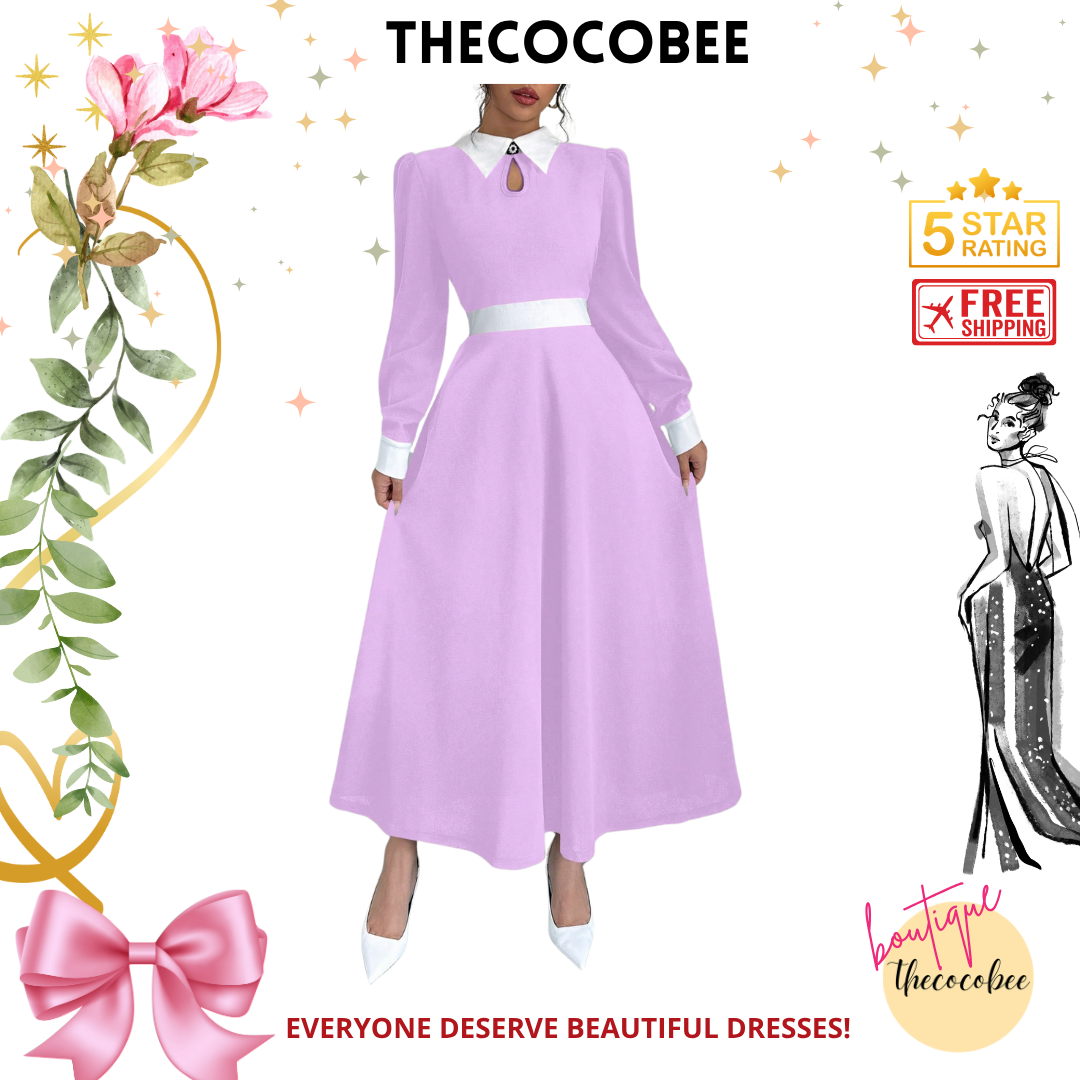 #116 Lilac Purple Contrast Color Trim Hollow Out Elegant Women Office Wear Long Sleeve Dress