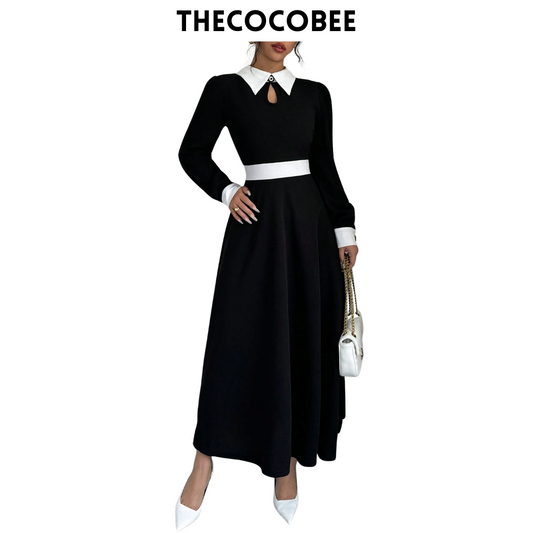 #116 Black Contrast Color Simple Daily Wear Collared Long Sleeve Dress Maxi Women Outfit